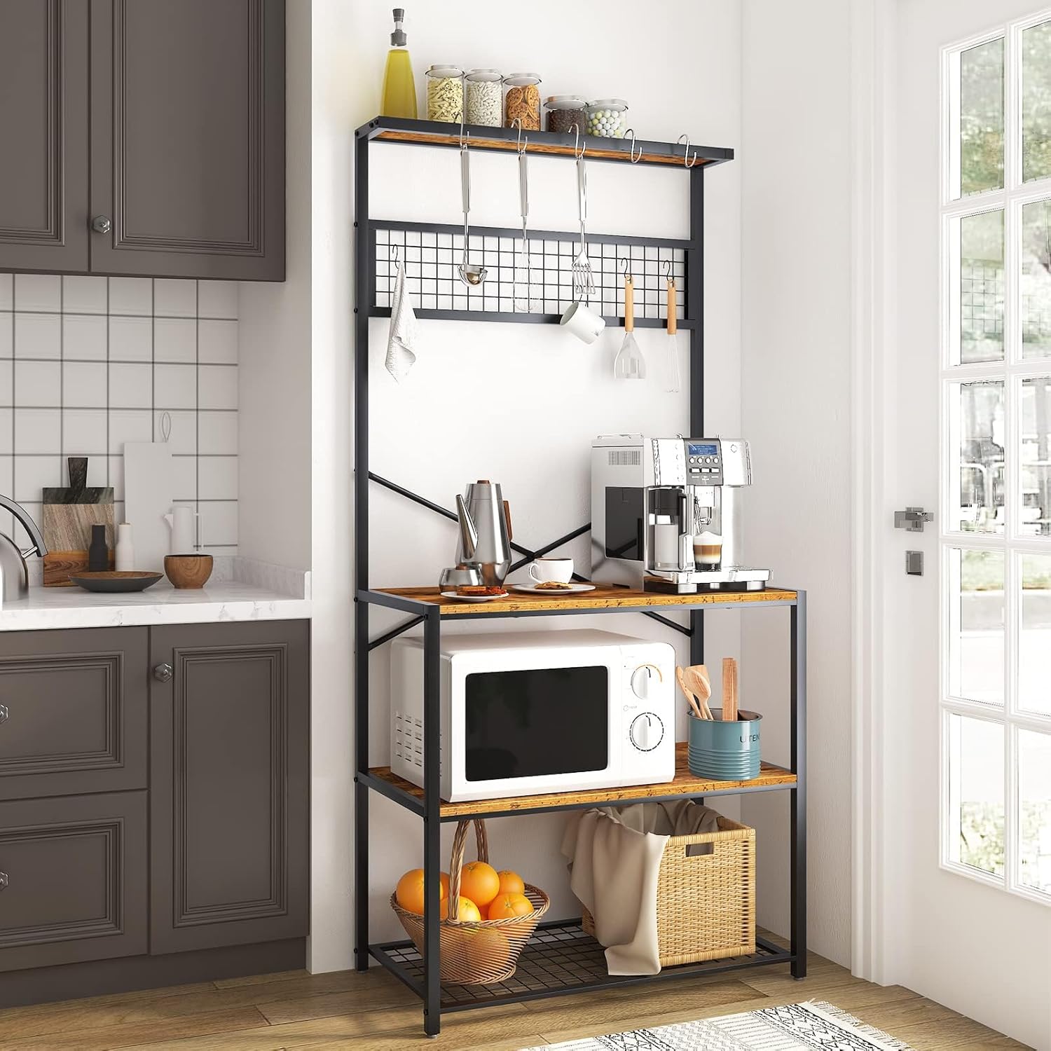 Rustic Brown 4-Tier Baker's Rack with 5 Hooks C855