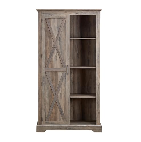 Gray Wash Tall Storage Cabinet with Doors and Open Shelves F286