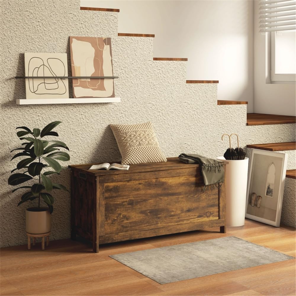 Large Wooden Storage Chest Trunk with Lid, Brown Y94751