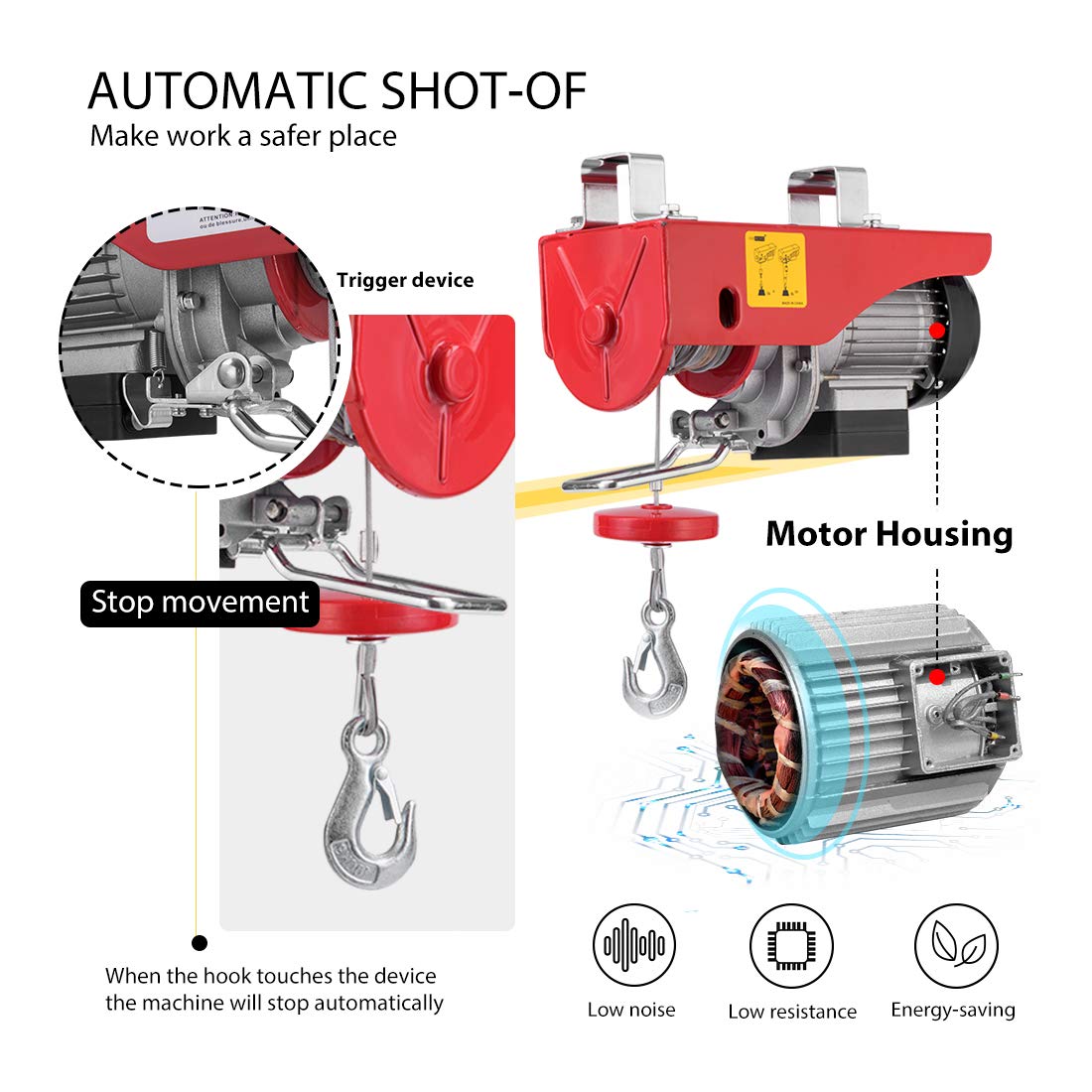 110V 440 Lbs Lift Electric Hoist with Zinc-Plated Steel Wire O732