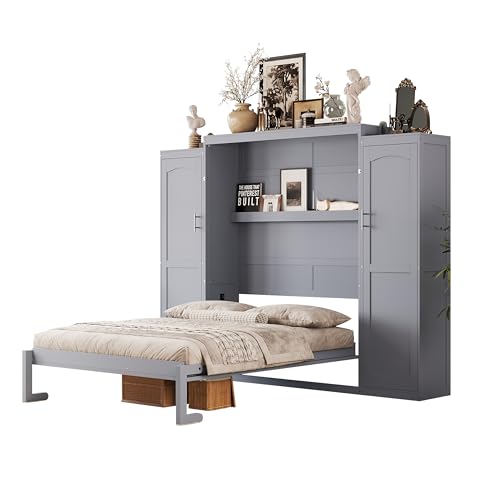 Full Size Murphy Bed with Two Wardrobes and Storage Shelf (White) J647
