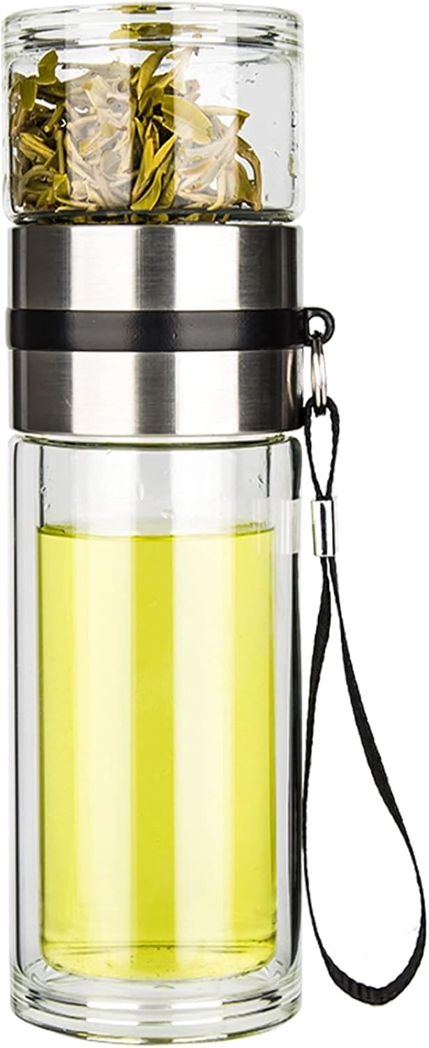 Glass Tea Infuser Bottle Double Wall Borosilicate Portable Travel Tumbler Mug Leakproof 13 OZ N347