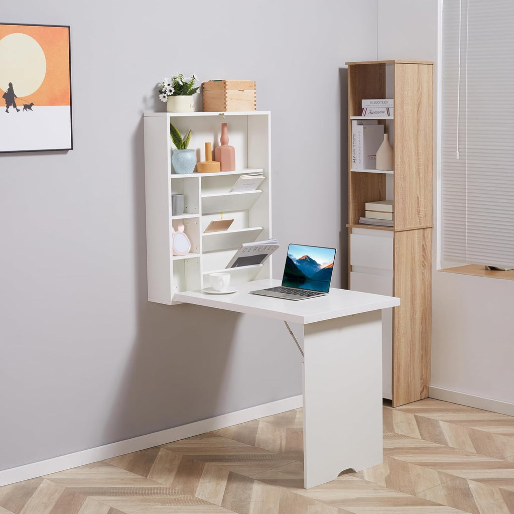 White Wall Mounted Fold Out Desk with Storage Shelf I544185