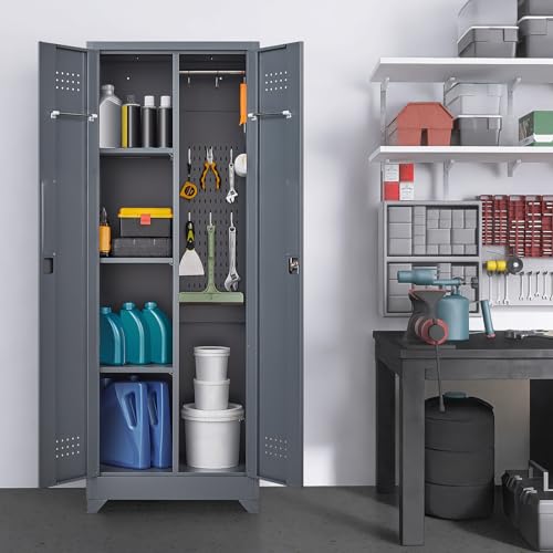 Grey-White Metal Storage Cabinet with Doors and Adjustable Shelves M595553