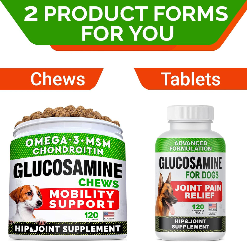 Glucosamine Tablets for Dogs - Joint Supplement w/Omega-3 Fish Oil - Chondroitin, MSM - 120 Ct H539