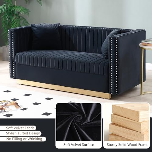 Black Velvet 3 Seater Sofa with Gold Metal Legs H658960