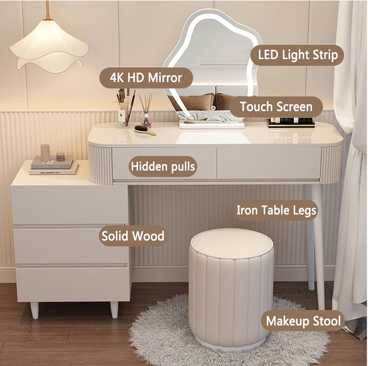 Makeup Vanity Table with Lighted Mirror, 3 Lighting Modes Adjustable, Large Capacity Dressing Table L5902