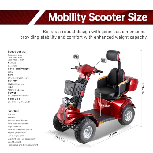 Red 1000W 4 Wheel Mobility Scooter with Adjustable Seat G619