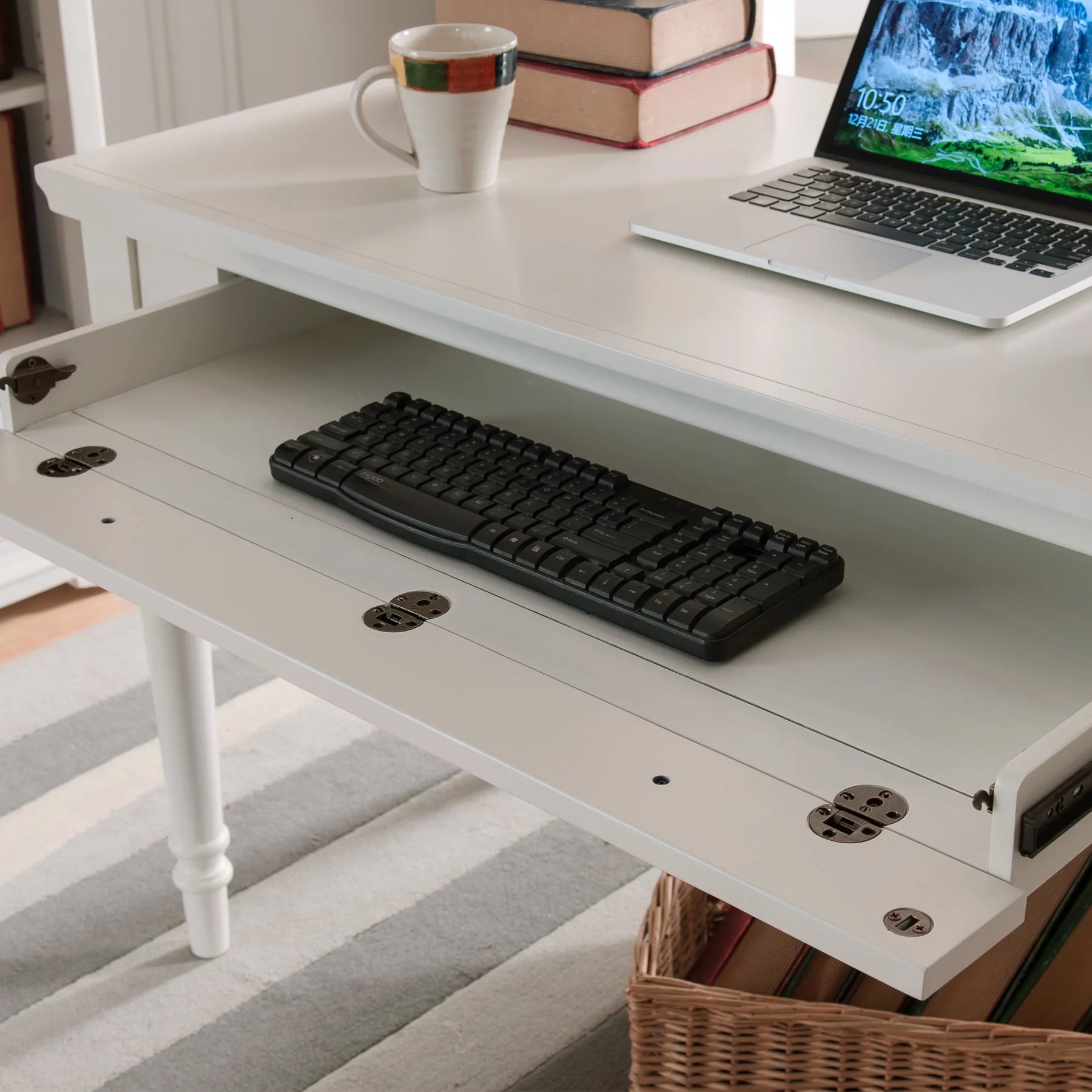 Cottage White Writing Desk with Center Keyboard Drawer J157457