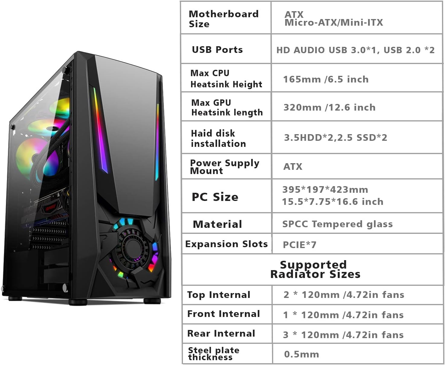 Mid Tower Desktop PC Gaming Computer Case with 5pcs 120mm ARGB Fans Tempered Glass Side Panels Black L200895