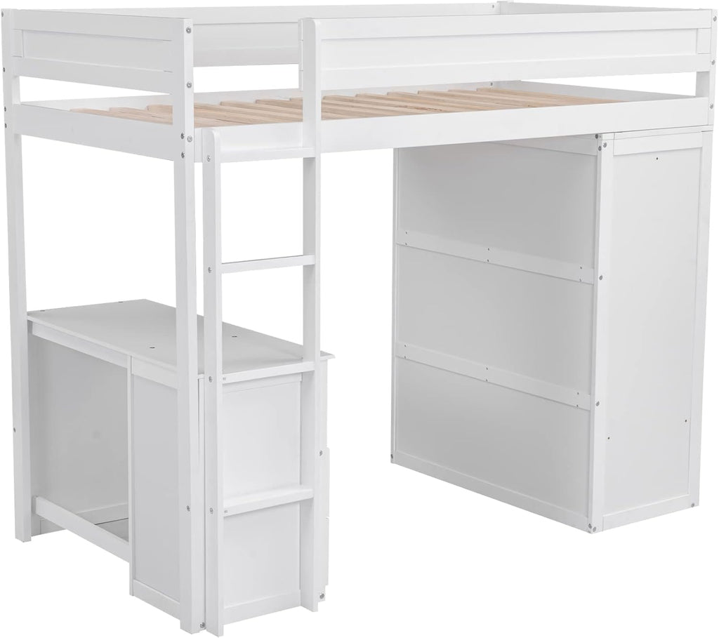 White Wooden Twin Size Loft Bed with Desk and Wardrobe T6834