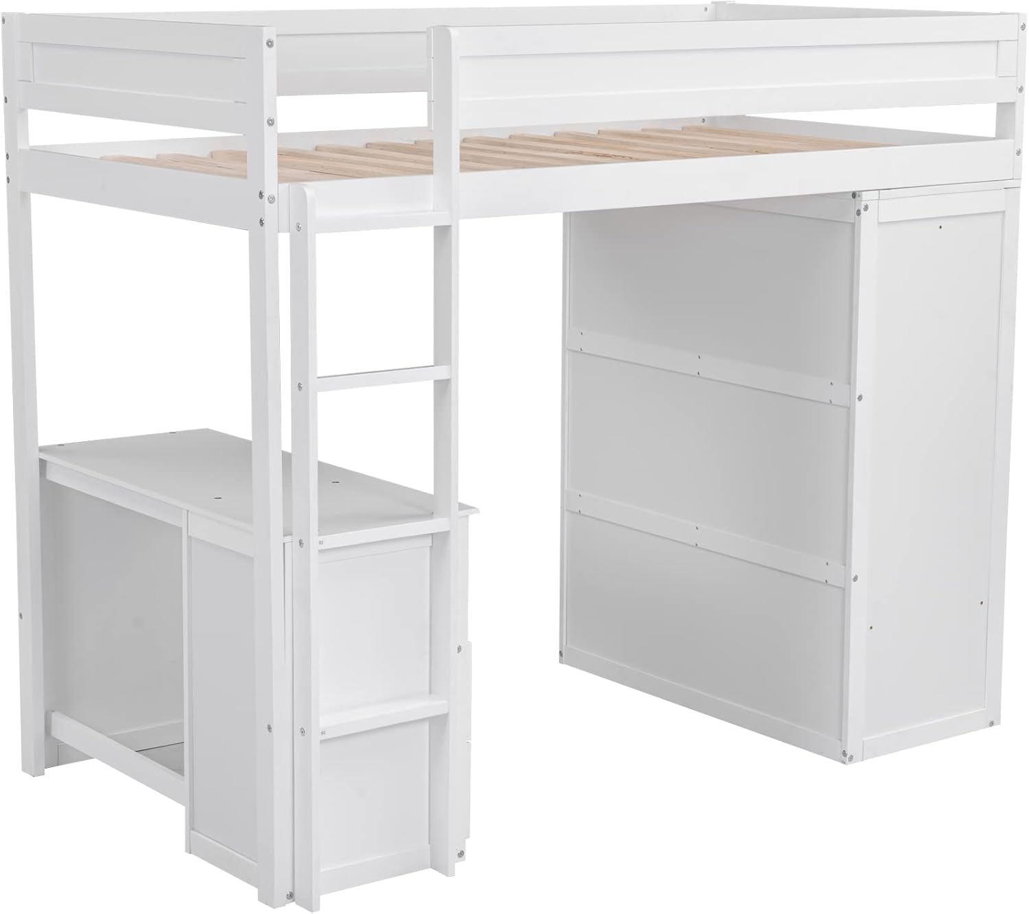White Wooden Twin Size Loft Bed with Desk and Wardrobe T6834