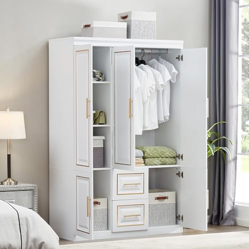 White Wood Storage Closet with Doors and Hanging Rod I69927