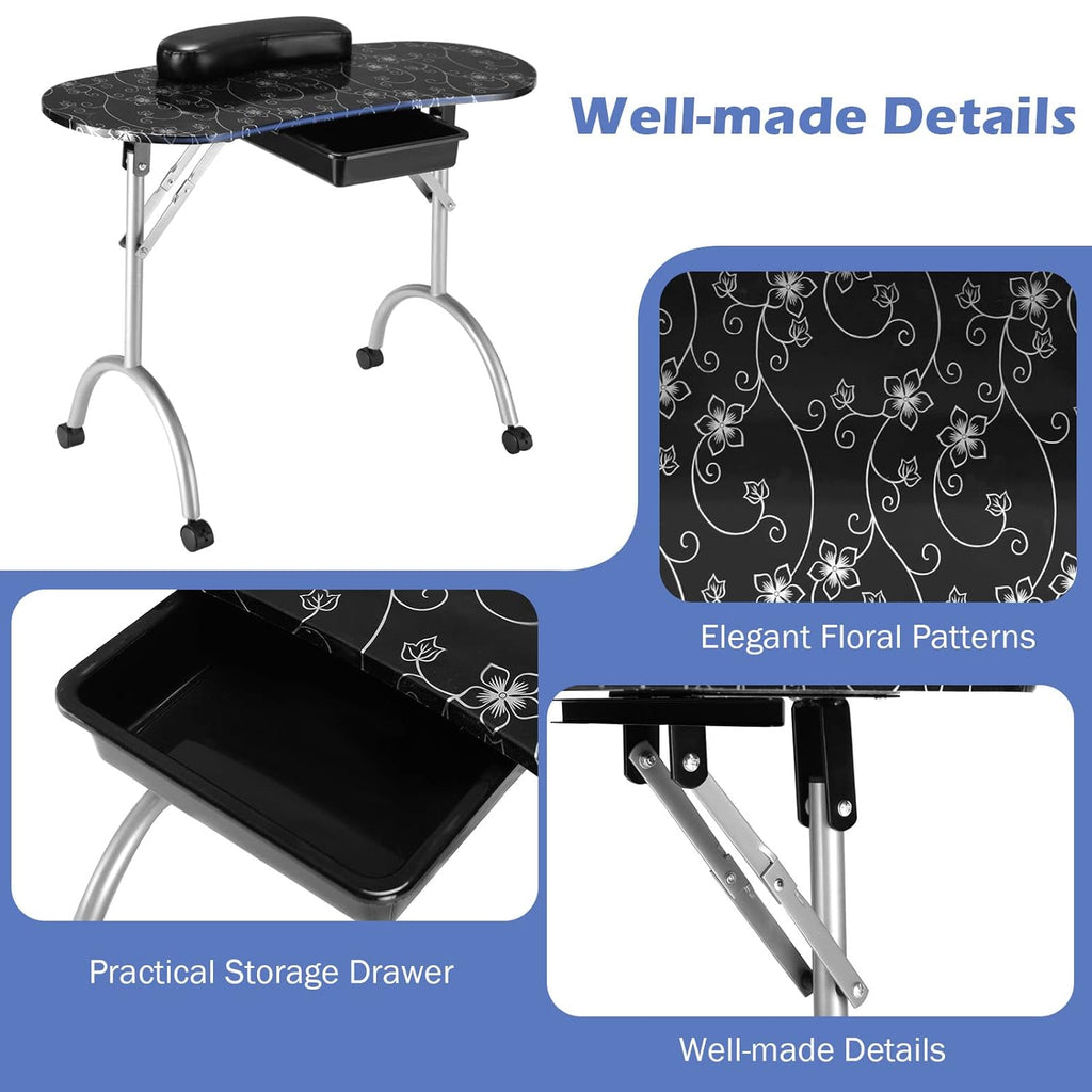 Black Portable Nail Table with Drawer and Casters G4199