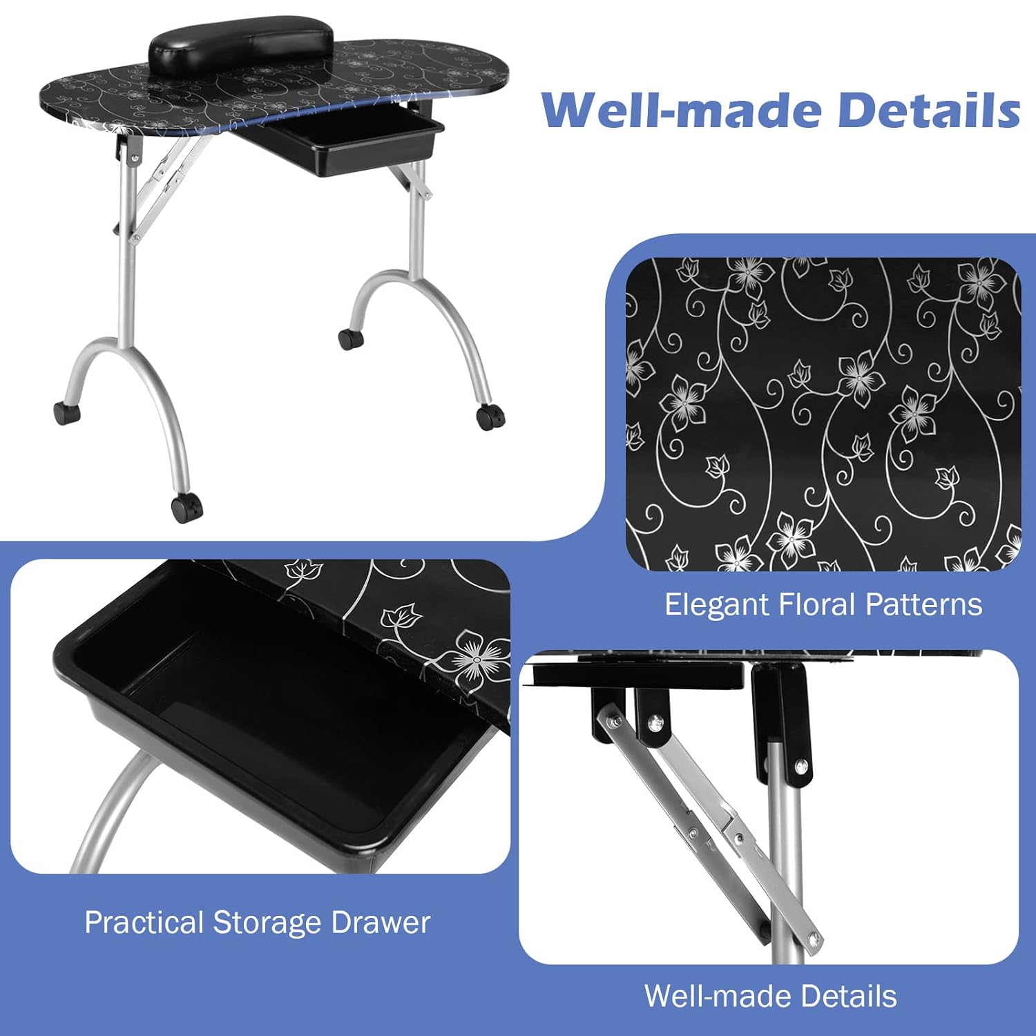 Black Portable Nail Table with Drawer and Casters G4199