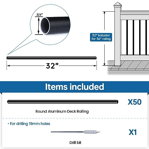 50 Pack 26" Aluminum Deck Balusters Round Black 3/4" Diameter Hollow W2529