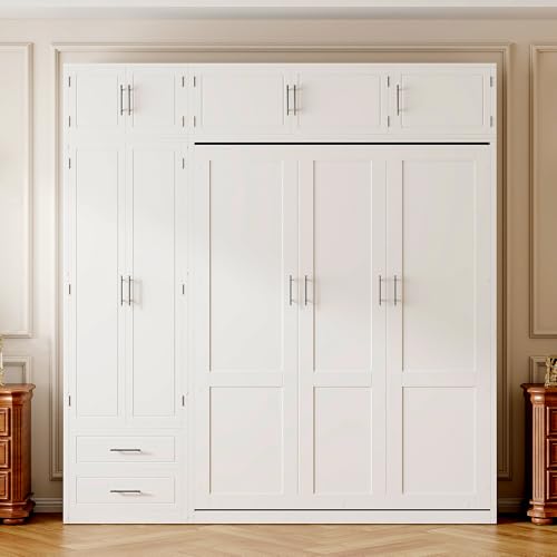 White Queen Size Murphy Bed with Shelves and Wardrobe P38948