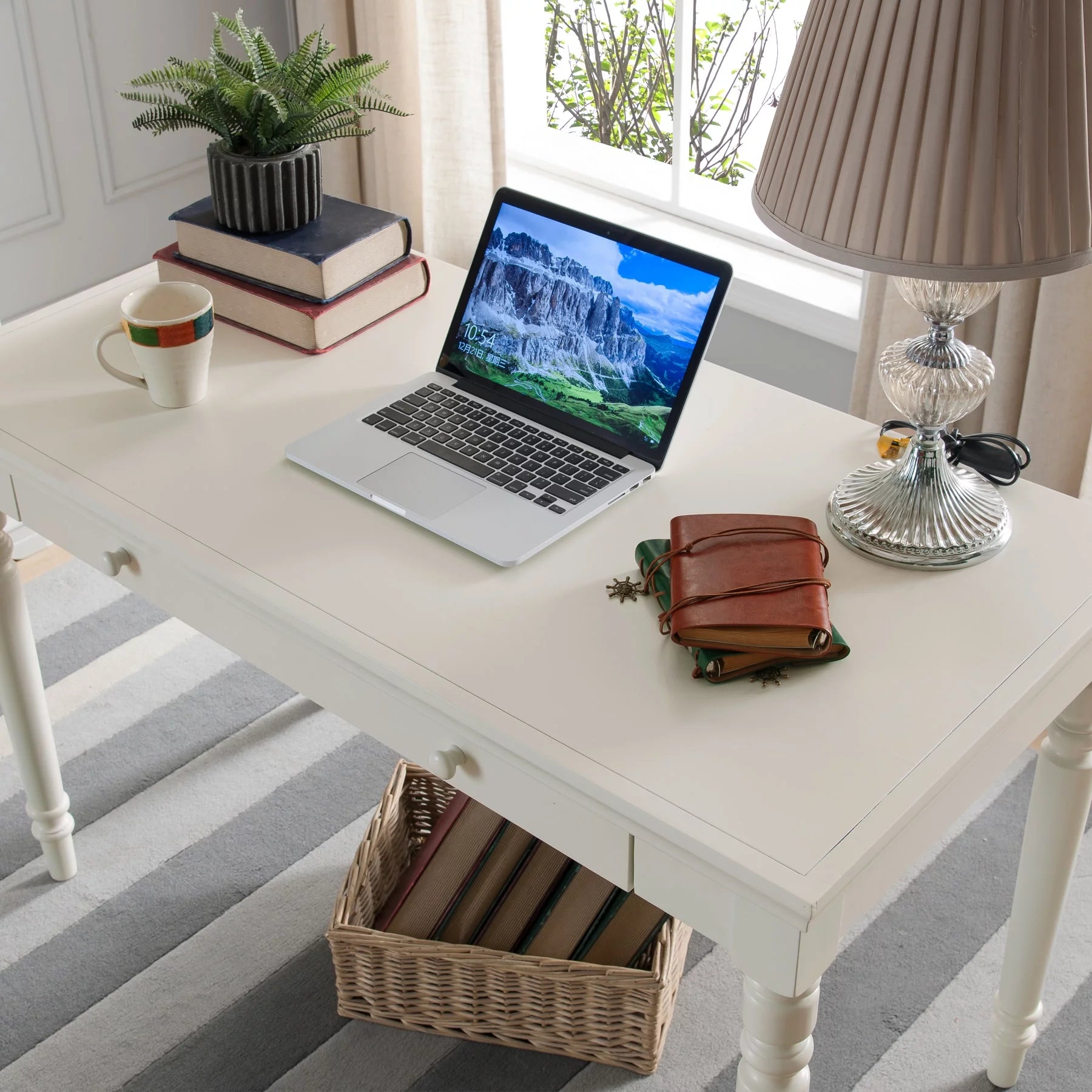 Cottage White Writing Desk with Center Keyboard Drawer J157457