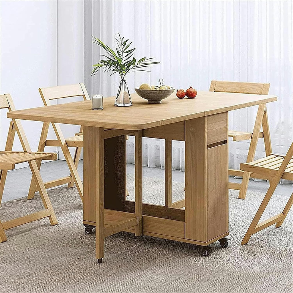 Wooden Extendable Dining Table Set with 4 Chairs, Drop Leaf Tables on Moveable Wheels and 1 Drawers L16915
