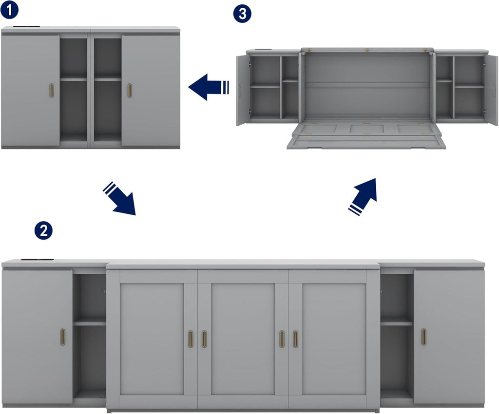 Queen Size Murphy Bed with Shelves, Cabinets and USB Ports, Gray Q16087