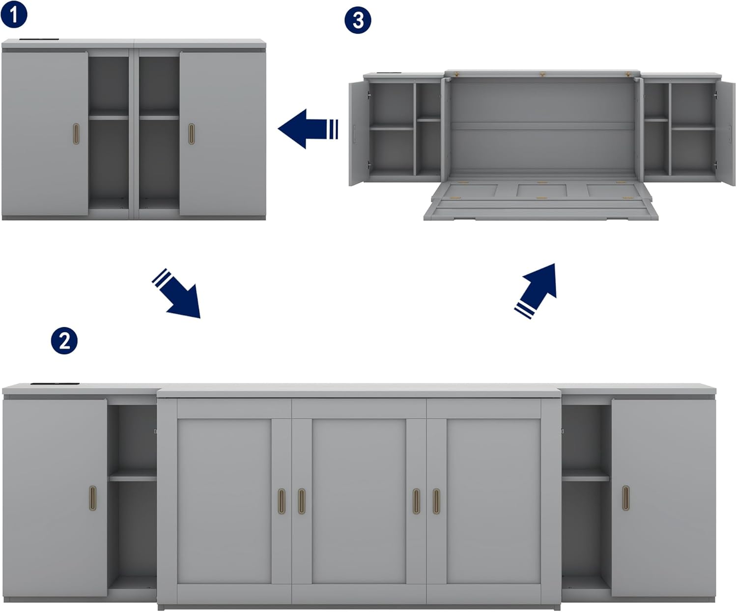 Queen Size Murphy Bed with Shelves, Cabinets and USB Ports, Gray Q16087
