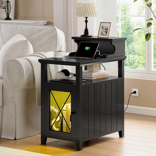 Black Farmhouse End Table with Charging Station and LED Lights C173
