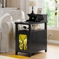 Black Farmhouse End Table with Charging Station and LED Lights C173