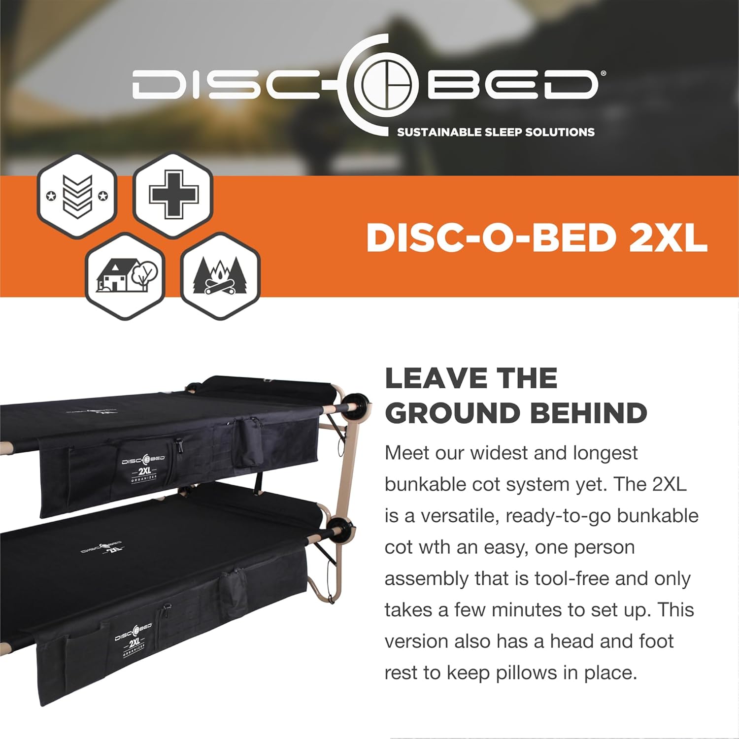 Black Outdoor Convertible 2 Person Camping Cot with 2 Side Organizers W490