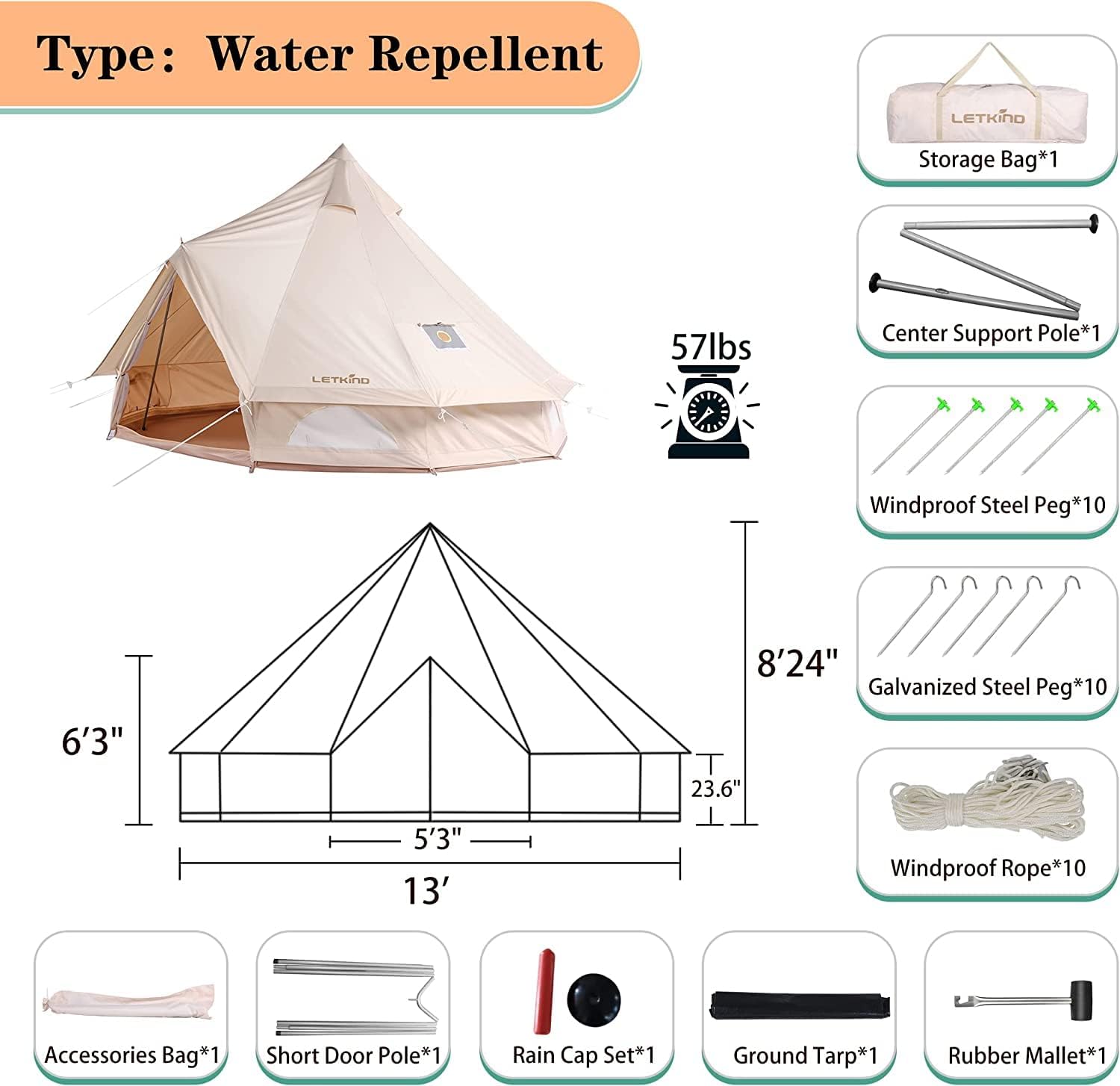 Canvas Bell Tent with Stove Jack, 4 Season Waterproof Cotton Camping Tent J41530