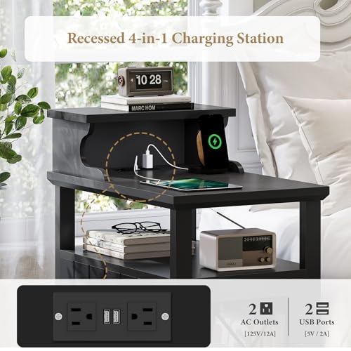 Black Farmhouse End Table with Charging Station and LED Lights C173