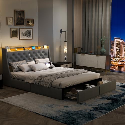 Gray Full Size Upholstered Bed Frame with 4 Storage Drawers and LED Lights A11372