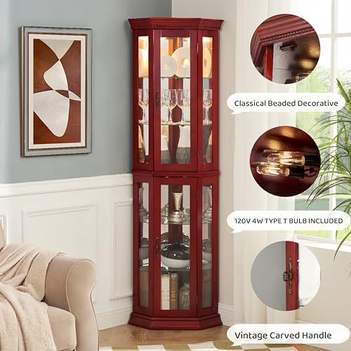 Corner Curio Cabinet Lighted Display with Glass Doors & 4 Adjustable Glass Shelves Z22947