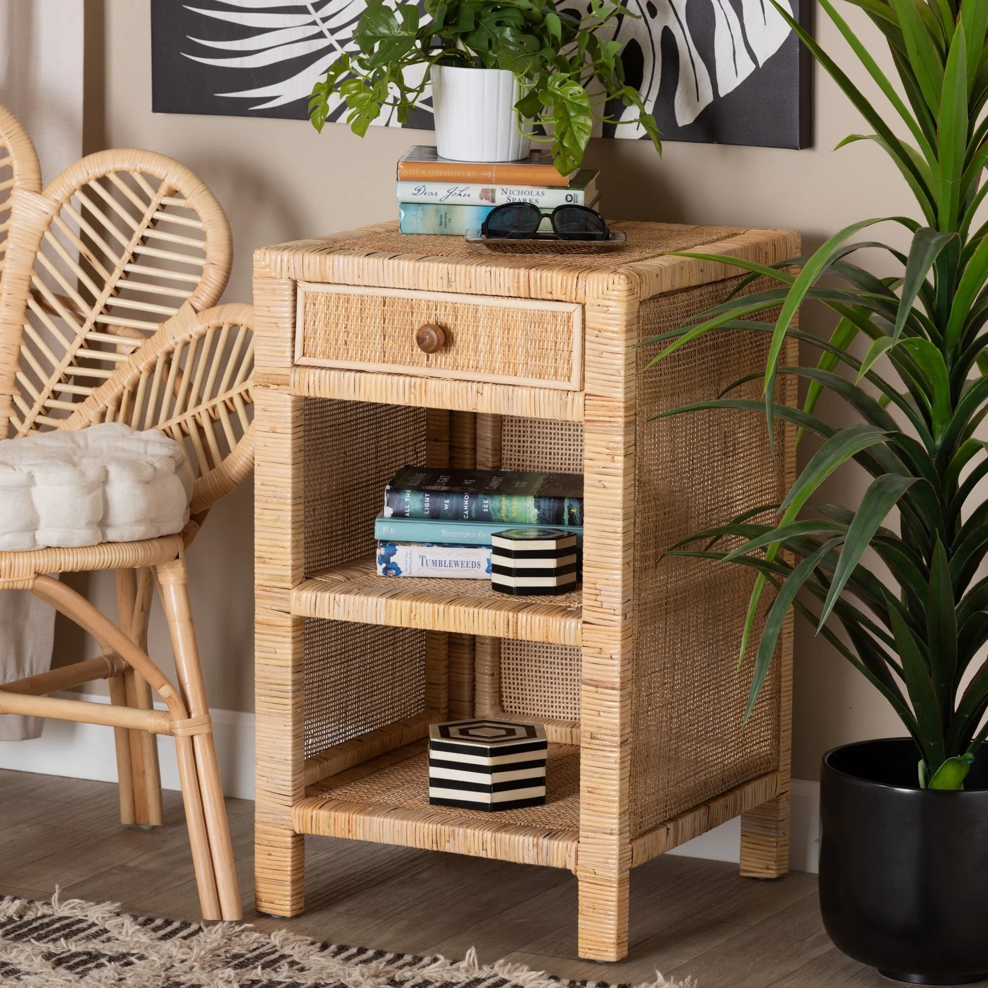 Natural Brown Mahogany Wood and Natural Rattan 1-Drawer Nightstand U418