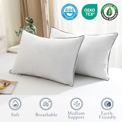 Medium Firm Goose Down king size pillows set of 2, 1000TC Organic Cotton Cover, Polyester 20"x36" U753