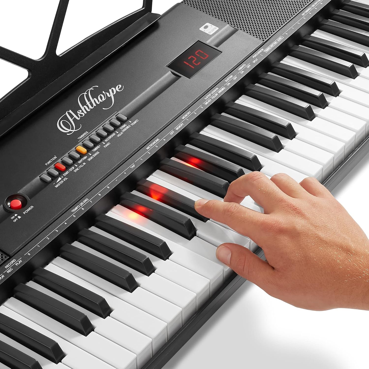 61-Key Digital Electronic Keyboard Piano with Light Up Keys, Stand, Bench, Headphones, Mic and Keynote Stickers K612196