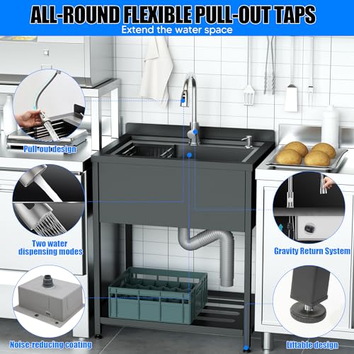 Stainless Steel Utility Sink 36.6" × 24.2" × 36.6" with Cold and Hot Water Faucet and Drain Kit E572