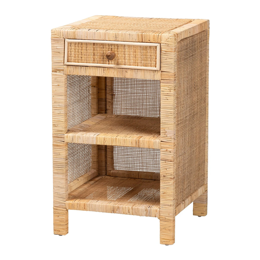 Natural Brown Mahogany Wood and Natural Rattan 1-Drawer Nightstand U418
