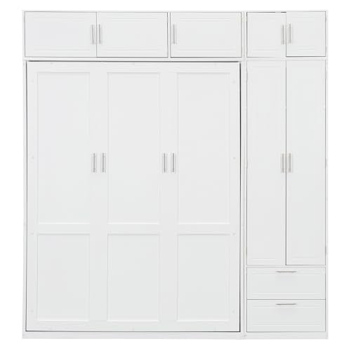 White Queen Size Murphy Bed with Shelves and Wardrobe P38948