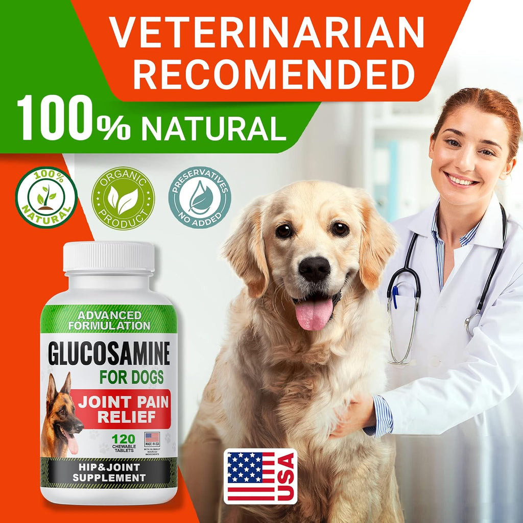 Glucosamine Tablets for Dogs - Joint Supplement w/Omega-3 Fish Oil - Chondroitin, MSM - 120 Ct H539