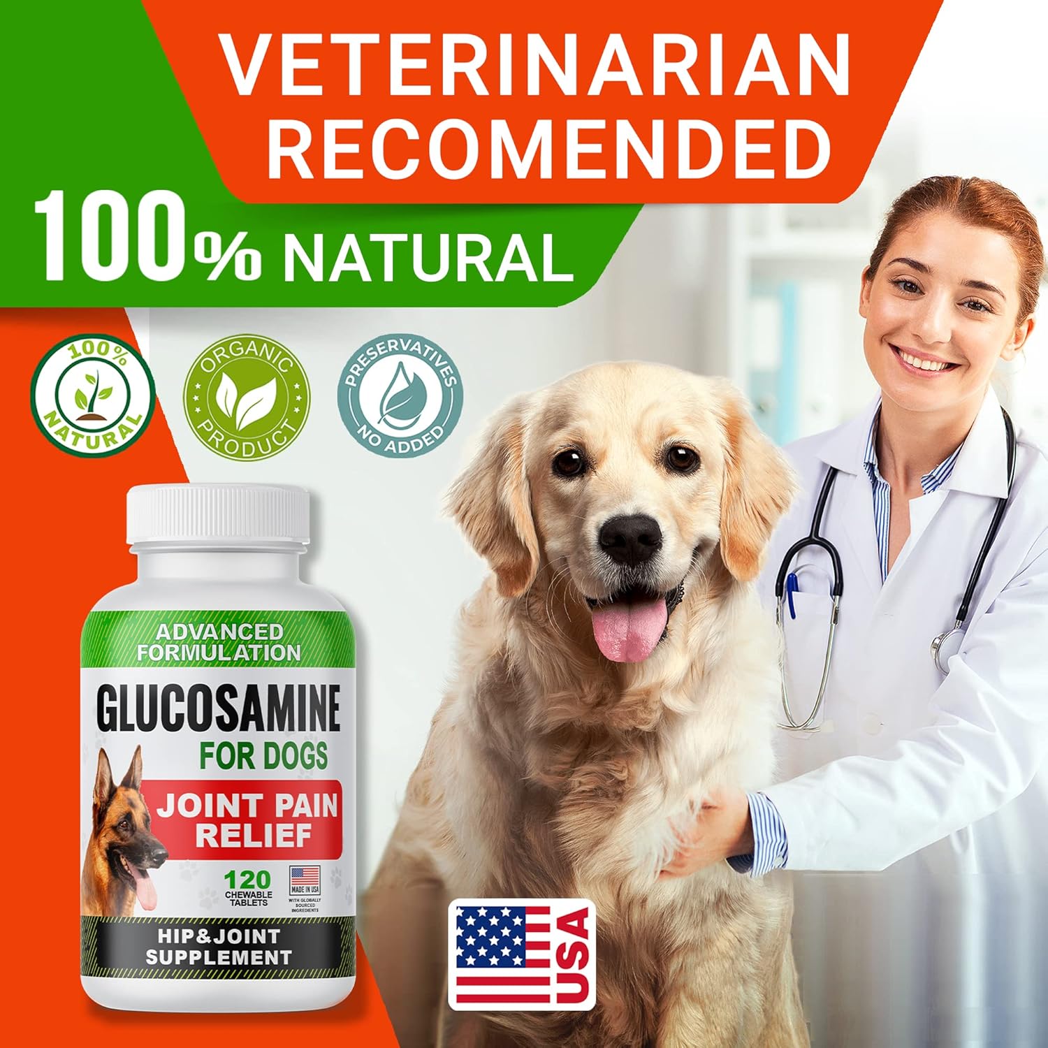 Glucosamine Tablets for Dogs - Joint Supplement w/Omega-3 Fish Oil - Chondroitin, MSM - 120 Ct H539