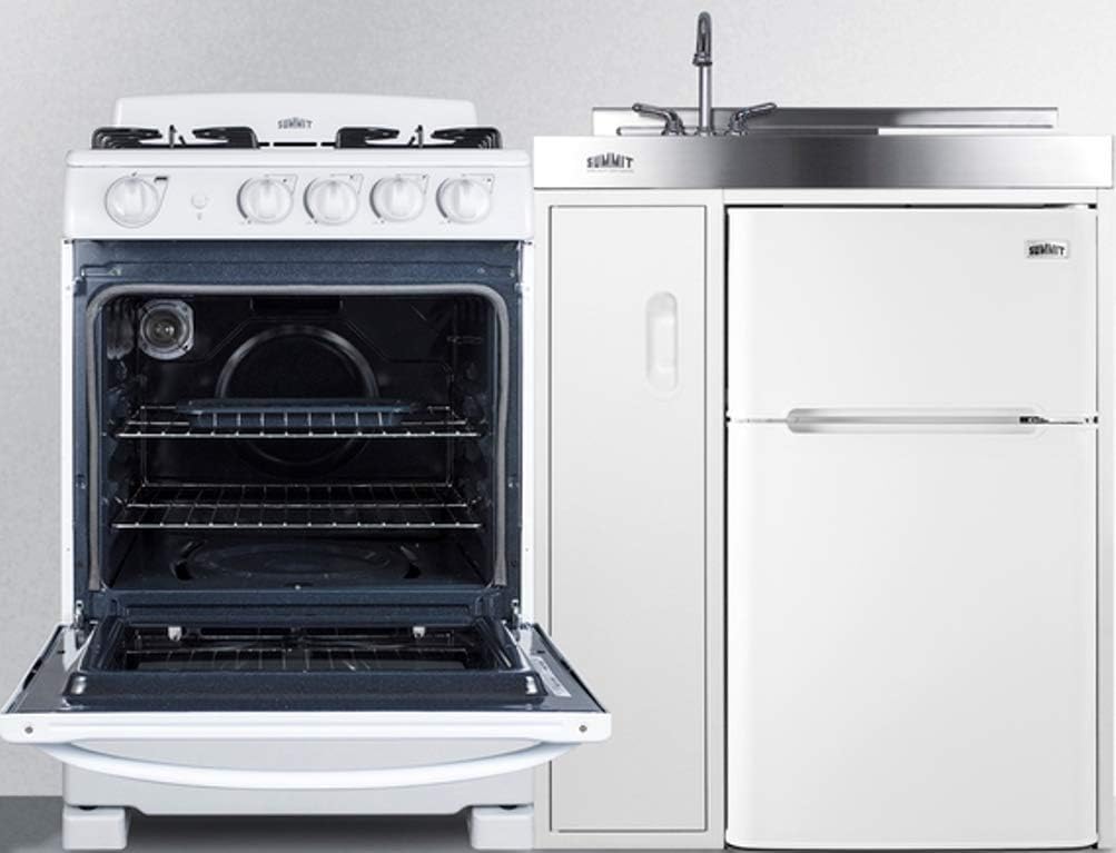54" Wide All-in-One Kitchenette with 4-Burner Gas Range, Refrigerator-Freezer, Sink, Cutting Board and Storage Cabinet H7903