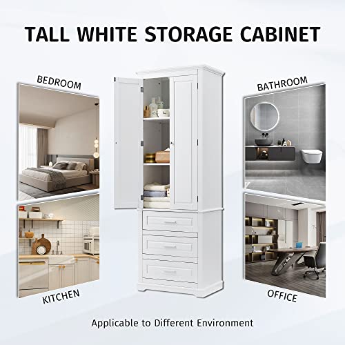 White 2 Door Tall Bathroom Storage Cabinet with 3 Drawers and Adjustable Shelves T5371