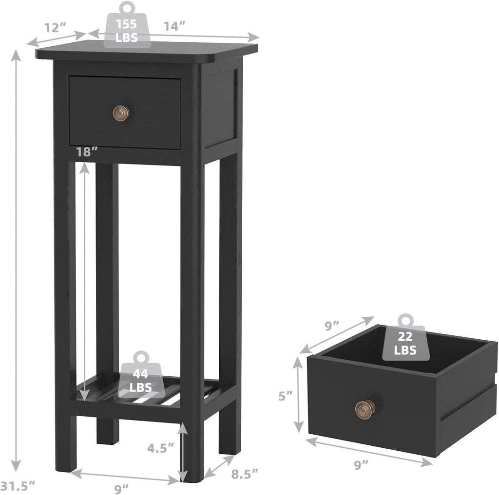 Black Narrow End Table Set of 2 with Drawer & Shelf Q8805