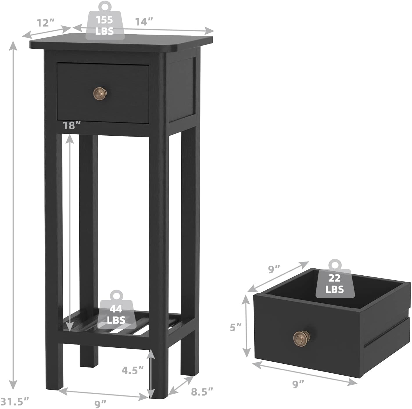 Black Narrow End Table Set of 2 with Drawer & Shelf Q8805