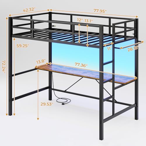 White Twin Size Metal Loft Bed with Desk and Led Lights C577980