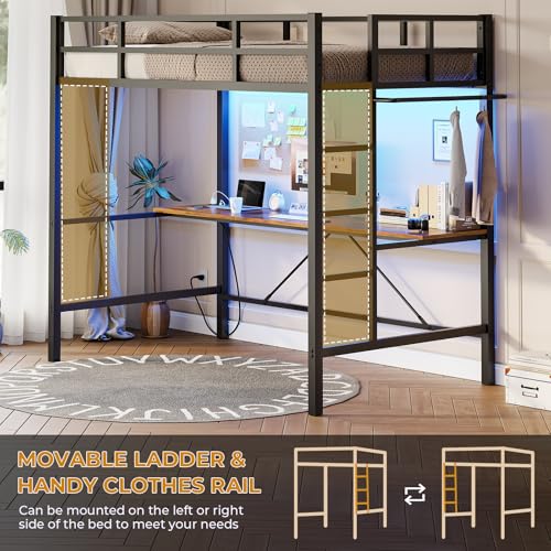 White Twin Size Metal Loft Bed with Desk and Led Lights C577980