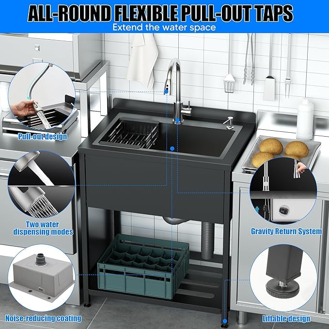 Stainless Steel Utility Sink 36.6" × 24.2" × 36.6" with Cold and Hot Water Faucet and Drain Kit E572