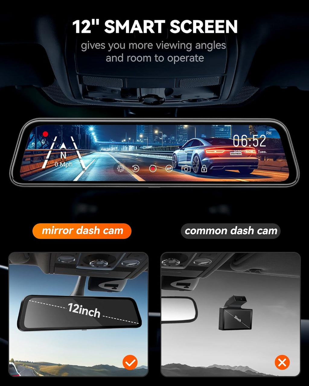 12" 4K Mirror Dash Cam Backup Camera with Front and Rear View Dual Cameras O841338