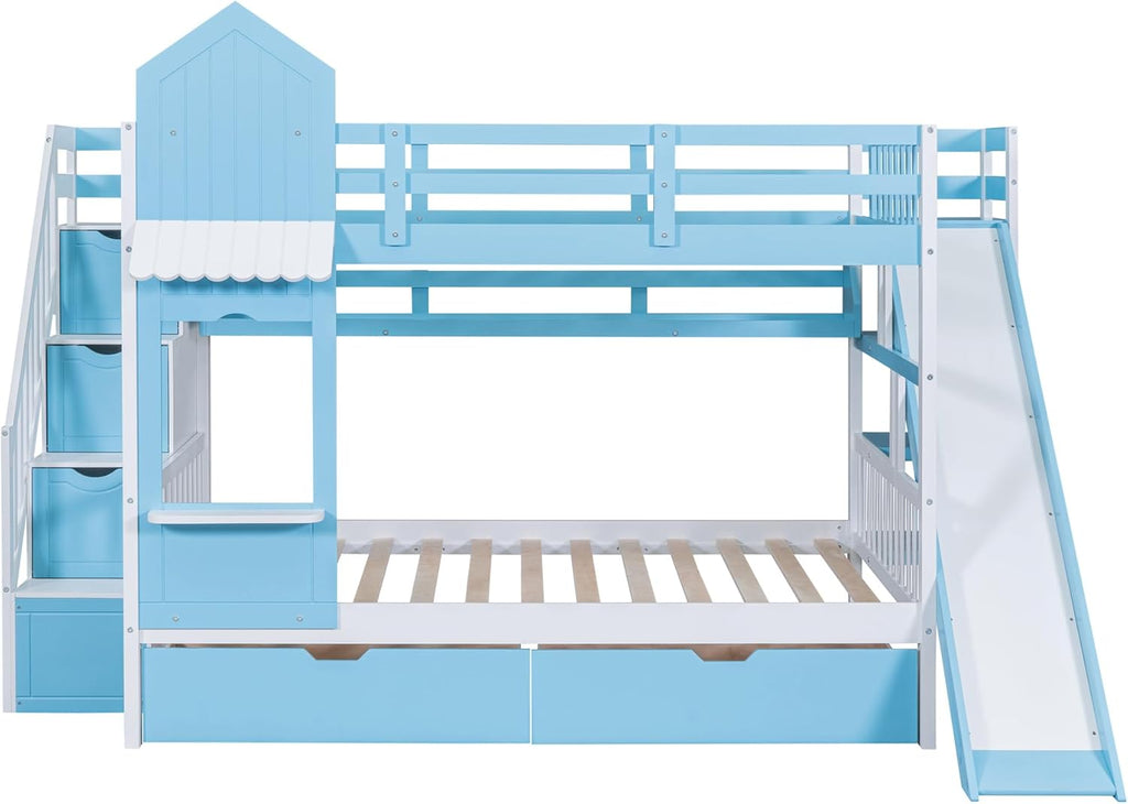 Full Over Full Solid Wood Bunk Bed with Stairs and Slide and Storage Drawers and Bookshelf (Blue) U370
