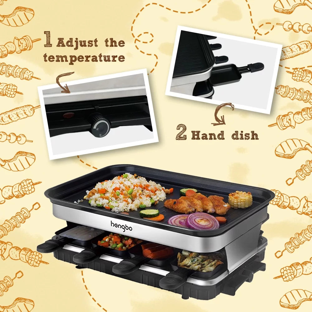 2 in 1 Electric Raclette Grill Plate with 8 Mini Pans H95397